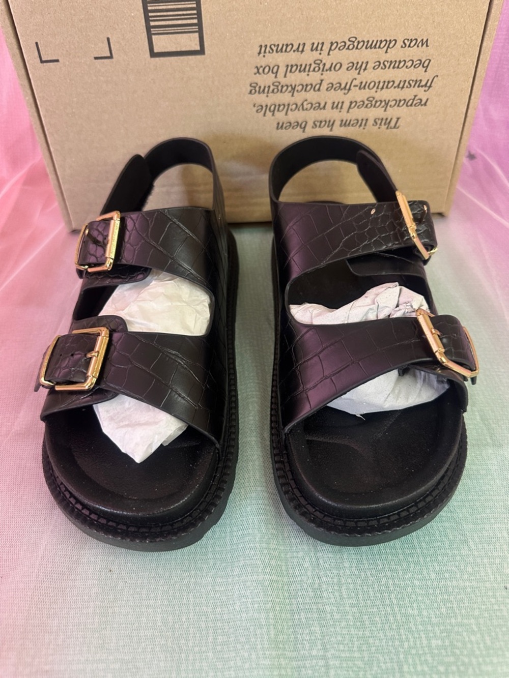 UNIONBAY Black Croc-Pattern Double Buckle Sandals